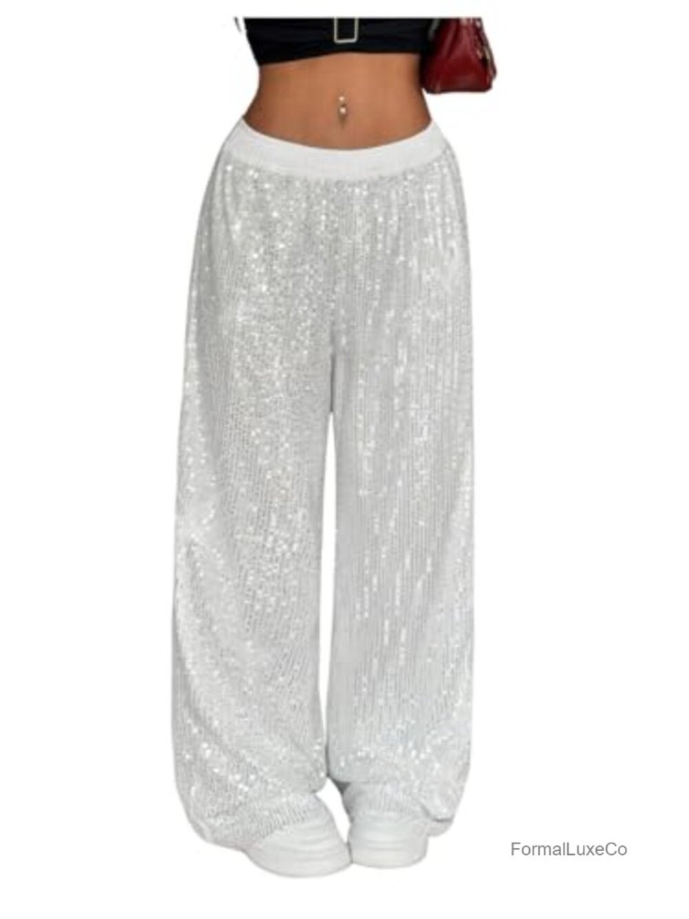 Shiny Sequin Wide Leg Elastic Waist Sparkly Baggy Pants